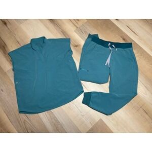 FIGS Scrub Set XXS XS Petite Teal Jogger Pants Mandarin Collar Top